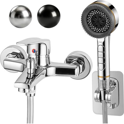 Robinet Baignoire avec Douchette 4 Jets Mitigeur de Baignoire Mitigeur Douche Mural avec 1,5m Flexible et Support Robinet monocommande de Douche Robinetterie de Salle de Bain (Chrome Set) (1/5)