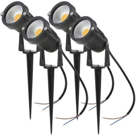 Juego de 4 focos LED COB de 5W y 220V, focos de jardín ajustables con estacas, iluminación exterior para jardín y terraza (blanco cálido)