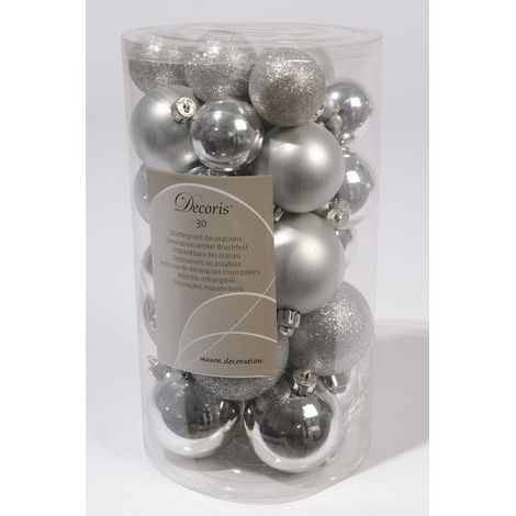 Shatterproof Mixed 30 Christmas Baubles - Silver- Various Sizes (1/2)