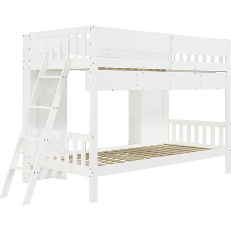 Lit superposé blanc 90x200 cm avec rangements, 2 armoires frontales, étagère murale, échelle réversible et protection anti-chute (1/5)