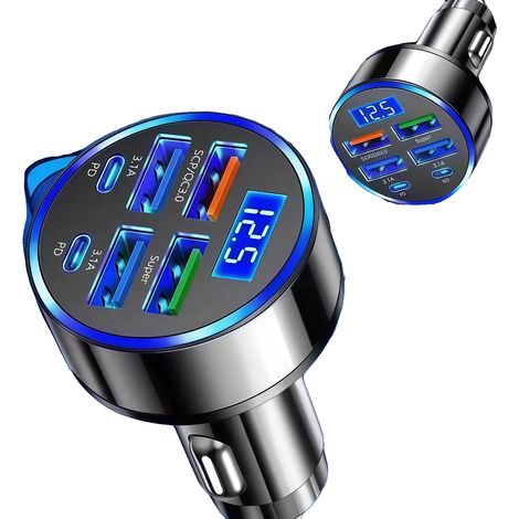Cargador para coche, 4 puertos USB, puerto USB-C, salida total de 4,8 A, entrada de 12 V CC, monitor de voltaje digital. (1/5)