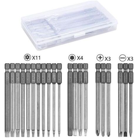 Jeu d'embouts de tournevis 21 pièces, embout de 100 mm de long, T6-T40, 6 pans 3-6 mm, Phillips PH2, fente 4-6 mm, tige hexagonale 1/4\ (1/4)