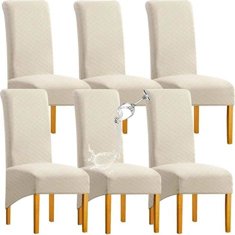 6PCS Etanche Housse de Chaise XL Salle à Manger, Extensible Grande Housse de Chaise, Jacquard Diamant, Beige (1/5)