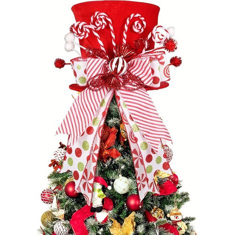 Cappello da puntale per albero di Natale con nastro a forma di bastoncino di zucchero, stella rossa, decorazione per feste invernali, regalo (1/5)
