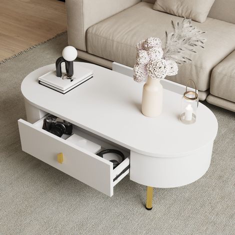Tavolino da caffè 108x50x40 cm bianco in MDF con 2 cassetti, angoli arrotondati e gambe dorate (1/5)