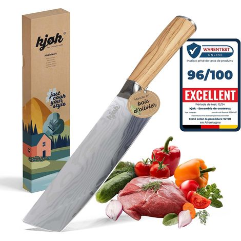 Premium Couteau Nakiri - lame 17 cm (58±2 HRC) avec motif martelé et manche en bois d'olivier - couteau à légumes japonais extra tranchant - avec étui (1/5)