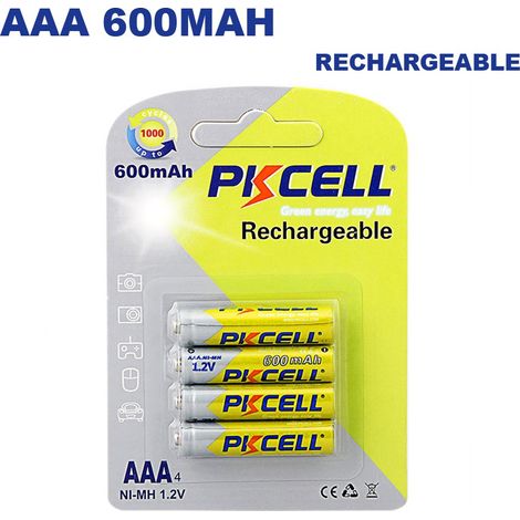 Pkcell – Lot de 4 piles rechargeables AAA 600mAh 1.2V – Technologie NI-MH – Performance durable pour appareils électroniques – Dimensions 10.5mm x 44.5mm (1/3)