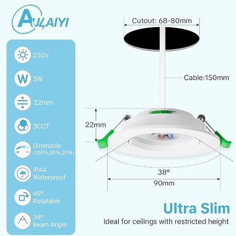 Spot LED Encastrable 230V, 5W Spots de Plafond Orientable Blanc Chaud/Neutre/Froid Extra Plat IP44 Spot Salle de Bain, Trou Ø68-80mm, Blanc (1/4)