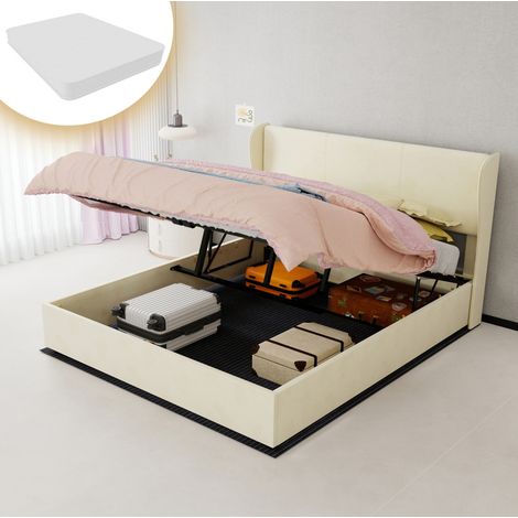 Letto moderno imbottito in tessuto beige 160x200 cm con testiera morbida, struttura in metallo