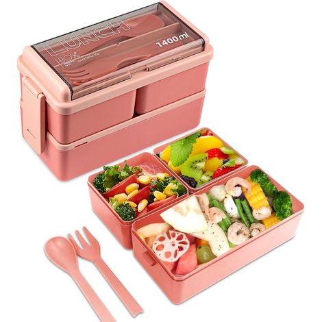 Pink – 2-lagig – Drei Fächer – Stapelbare All-in-One-Lunchbox – Geeignet für Kinder und Erwachsene mit Besteckset, mikrowellen- und spülmaschinenfest (1/5)