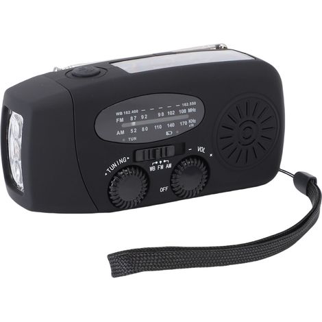 Radio d'urgence solaire portable à manivelle, radio météo NOAA avec AM/FM, voyants LED, alarme SOS et chargeur de téléphone portable pour intérieur et extérieur (noir) (1/5)