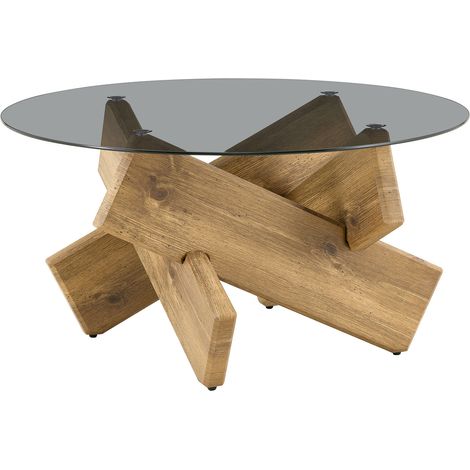 Tavolino da salotto rotondo in vetro temperato Ø 79 cm, base geometrica in MDF effetto legno (1/5)