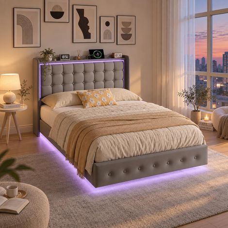 Lit flottant 140x200 cm – en velours gris foncé (1/5)
