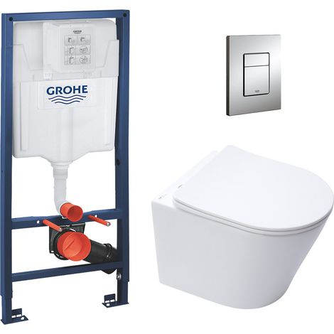 Grohe Pack WC Bâti-support + Cuvette SAT Infinitio sans bride blanc mat + Abattant frein de chute + Plaque Chrome