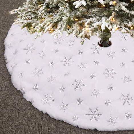 Chemise sapin de Noël 90 cm, tapis sapin de Noël en peluche blanche, chemise sapin de Noël avec broderie flocons de neige argentés, flocons de neige à paillettes argentées (1/4)