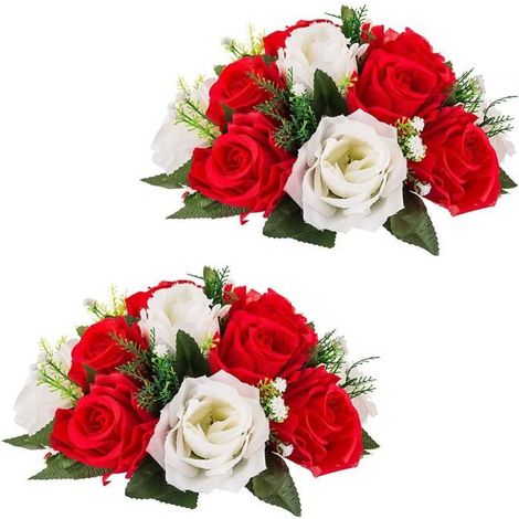 Bouquet di fiori artificiali - 2 pezzi - Seta rossa e bianca - Decorazione elegante