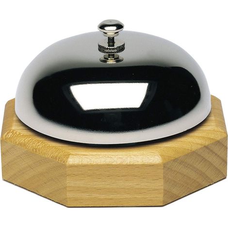 Clochette de Table/ Cloche de Réception, ø 9,1 cm, Sonorité claire, bois/acier (chromé brillant), argenté/marron clair, 63202230 (1/5)