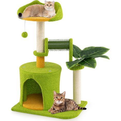 COSTWAY Albero per Gatti da Interno, Albero Tiragraffi con Foglie Artificiali, Condominio, Trespolo, Tiragraffi in Sisal, Autopulente e Pompon in Peluche, Tiragraffi per Gatti a Tema di Foresta