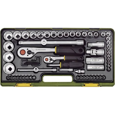 Proxxon – Coffret cliquet et douilles 65 pièces – Clé à cliquet 1/4" et 1/2" – Acier chrome-vanadium – Pour vis à fente et cruciformes (1/3)