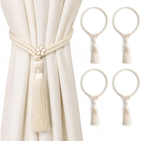Raffhalter für Gardinen, 4er-Set – Geflochtenes Baumwoll-Polyester-Seil – Boho-Stil mit Quasten – Für Wohnzimmer, Schlafzimmer, Büro – Beige, 50 cm (1/5)