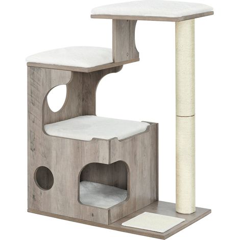 Tiragraffi altezza 88 cm 3 piattaforme e 1 grotta pannello MDF con impiallacciatura in legno palo in sisal pelliccia sintetica lavabile stile vintage grigio 120003860