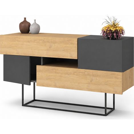 Madia Consolle Moderna 145 cm con 2 Ante 2 Cassetti Quercia e Antracite