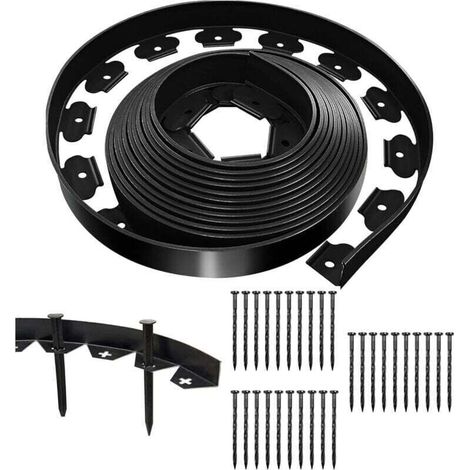 Bordure de pelouse flexible noire 10 m x 5 cm avec 30 clous de fixation, bordure de jardin extérieure en plastique, bordure de jardin en rouleau (1/4)