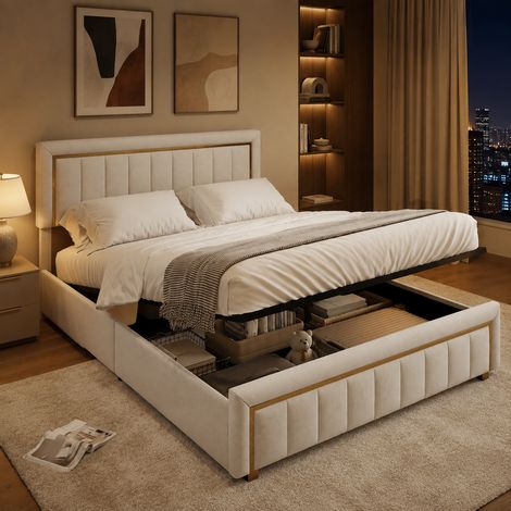 Lit coffre double adulte 140x200 cm avec tête de lit rayée à bord doré, rangement hydraulique, velours beige (1/5)