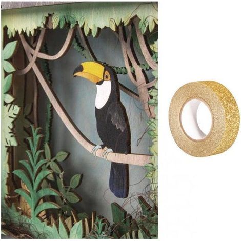 Cadre bois à motif 3D Toucan 24 x 24 cm + masking tape doré à paillettes 5 m (1/2)