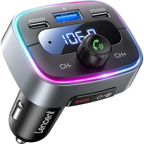 Transmetteur FM Bluetooth Voiture, Allume Cigare Bluetooth 5,4 Charge Rapide 60W 2 USB C 30W Adaptateur Radio Lecteur de Musique Main Libre Appel/Basse Hi-FI/LED 7 Couleurs/Support Clé USB (1/5)