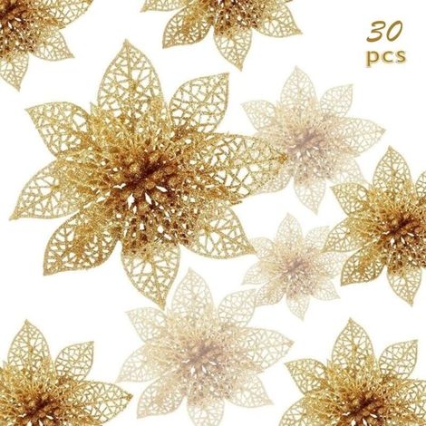 Fleurs de Noël, 30 fleurs de Noël scintillantes, fleur de Noël scintillante creuse, poinsettia arbre de Noël fleurs artificielles décor ornement, décoration pour mariage, fête, Noël (or)