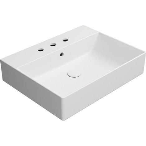 Lavabo en céramique KUBE X 60x47cm, 3 trous de robinetterie, blanc mat (1/4)