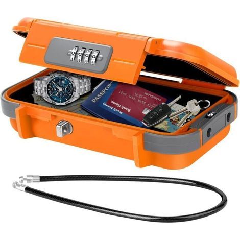 Coffre-fort Portable, Coffre Fort Sécurisé Mini Coffre Fort de Voyage Étanche Antivol avec Câble Métallique, Orange (1/4)