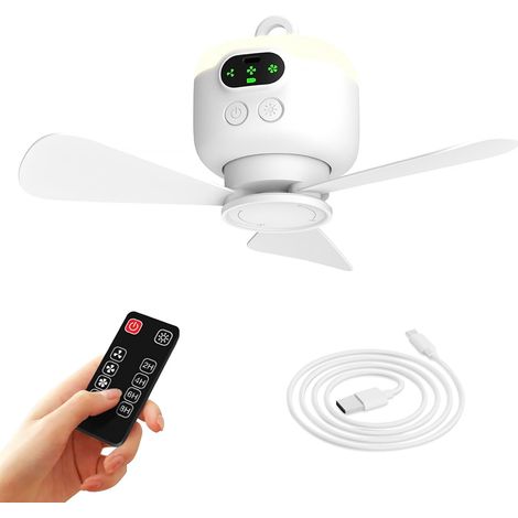 Ventilateur de camping portable, ventilateur de plafond pour tentes, rechargeable 8000 mAh avec lumière et crochet, minuterie et arrêt automatique, pale amovible, convient aux auvents de tentes, campi (1/5)