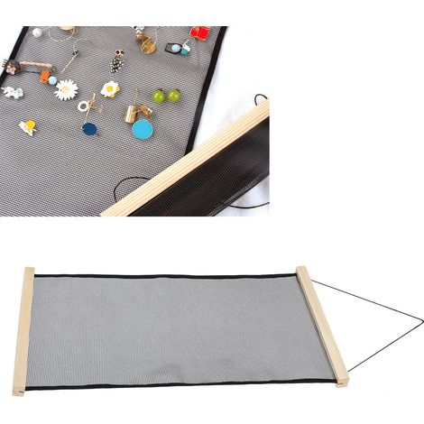 Porte-bijoux mural avec tissu mesh - Support pour boucles d'oreilles, colliers et bracelets - Bois de pin 59x30cm - Organisateur de dressing (1/5)