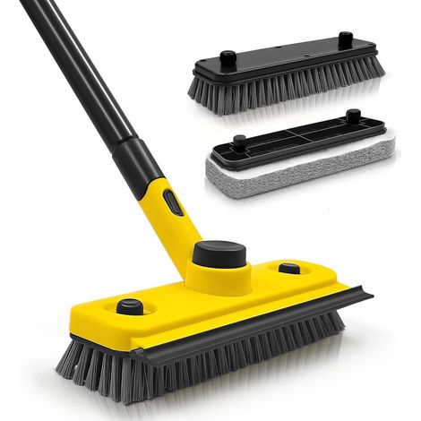 Brosse à récurer 3 en 1 pour sol – Brosse de nettoyage à long manche avec tête éponge, brosse à poils durs et raclette de douche, 113 à 136 cm extensible pour carrelage, douche, sol, baignoire, balcon (1/5)