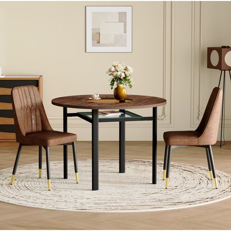 Set tavolo rotondo Ø 100 cm con 2 sedie marroni, MDF, metallo nero e vetro (1/5)