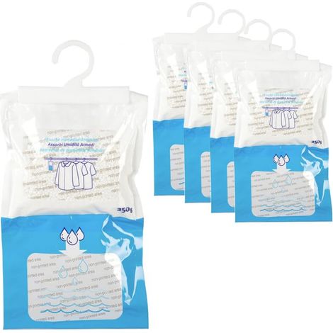 6 Sacchetti assorbi umidità per Armadio, Deumidificatori da da 250 gr con gancio - Contiene cristalli idrofili elimina condensa, umidità, muffa e catt (1/2)