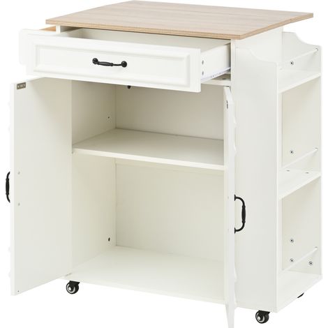 Îlot de cuisine sur roulettes avec plan de travail rabattable, tiroir et placard en MDF blanc (1/5)