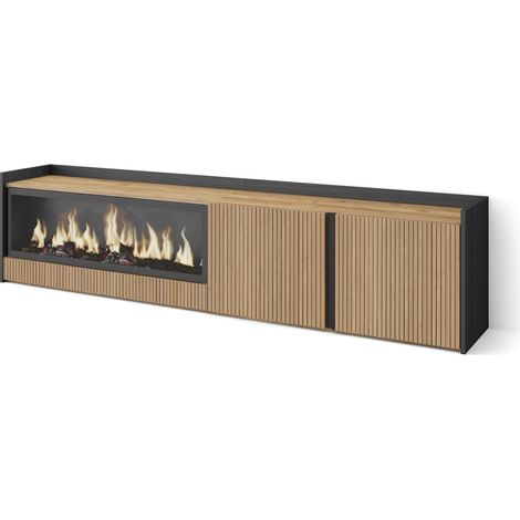 Skraut Home - Mueble TV, Televisión, Muebles de salón, almacenaje, 212x35x50cm, Para TV hasta 80", Chimenea eléctrica XXL, Estilo Moderno, Roble y negro (1/5)