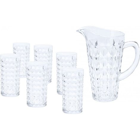 Caraffa in vetro trasparente con beccuccio e manico, set caraffa + 6 bicchieri in vetro