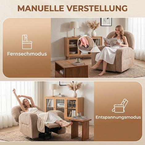 360° drehbarer Relaxsessel mit weichem Samtbezug und breiter Sitzfläche für das Wohnzimmer, Farbe Khaki. (1/5)