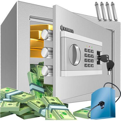 KESSER® Elektr. Tresor Inkl. Batteriebox Elektronischer Safe 3x Doppelbolzenverriegelung Boden Wandtresor Möbeltresor Innenbeleuchtung M (Silber)