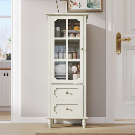 Vitrine haute avec porte vitrée et 2 tiroirs, 50 x 40 x 133 cm, blanc crème OKMYHOME (1/5)