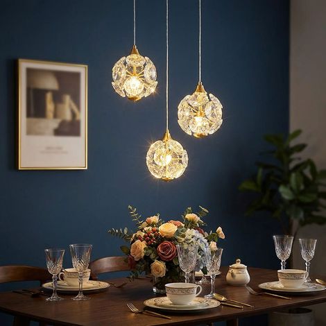 Lampada a sospensione lampada da tavolo da pranzo lampada a sospensione lampada da soggiorno plafoniera, metallo cristalli oro, 3 lampadine LED 24W 2000Lm 3000K bianco caldo, H 150 cm (1/5)