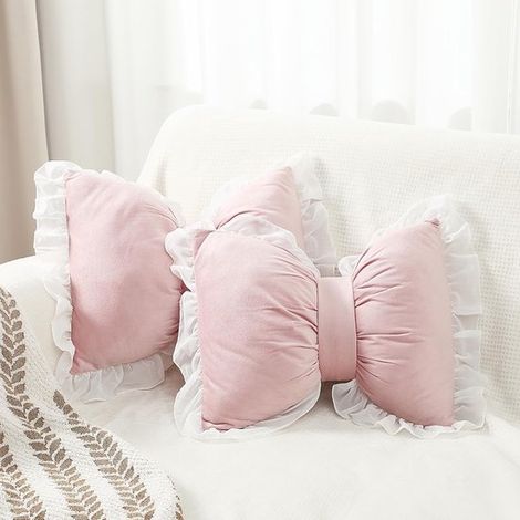 Set di 2 cuscini decorativi a forma di fiocco, 40x32 cm, in velluto, morbidi per lo schienale di casa/divano/auto, rosa. (1/5)