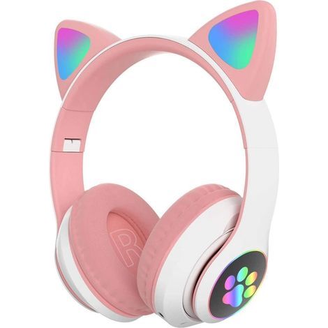 Casque audio pour enfants et adultes, oreilles de chat, éclairage LED, Bluetooth, pliable, sans fil, avec microphone intégré et réduction de bruit, rose. (1/5)
