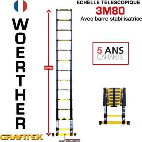 Woerther – Échelle télescopique 3m80 – Charge maximale 150Kg – Verrouillage automatique – Système Push & Go – Aluminium 7175T6 – Garantie 5 ans