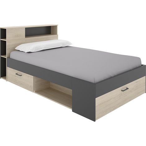 Letto con testata con vani portaoggetti e cassetti 120 x 190 cm Naturale e Antracite - LEANDRE