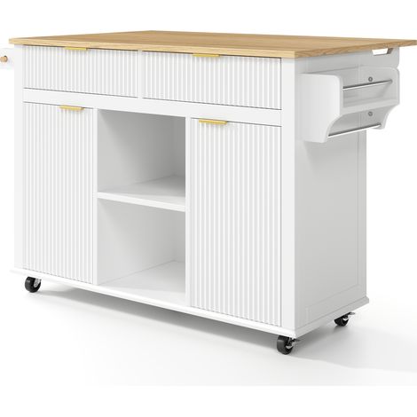 Isola da cucina su ruote in MDF bianco e naturale con piano ribaltabile, 2 cassetti e 2 ante (1/5)